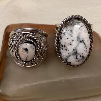 NSJ029 Two Navajo White Buffalo Turquoise Sterling Silver Rings Size 11.5