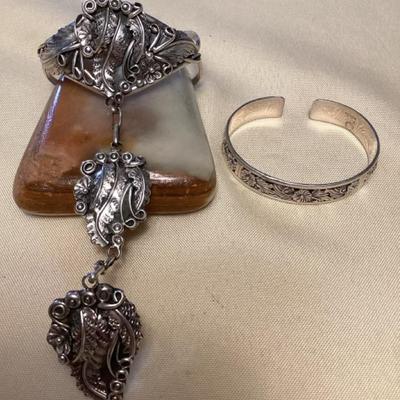 NSJ470 Two Navajo Sterling Silver Cuff & Cuff Bracelet With Attached Ring New