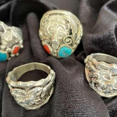NSJ222 - Mens Four Navajo Sterling Silver Rings Sz 10-11