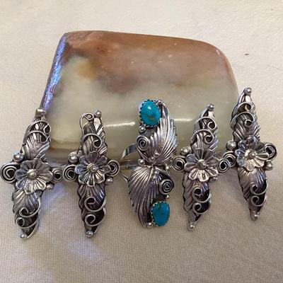 NSJ068 Five Navajo Sterling Silver & Turquoise Rings Size 6