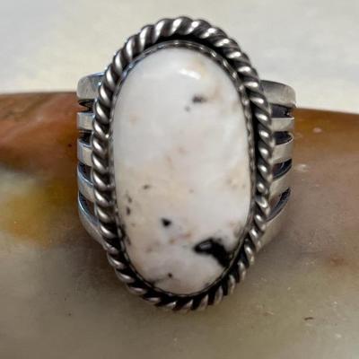 NSJ023 Navajo White Buffalo Turquoise Sterling Silver Ring Size 12.5