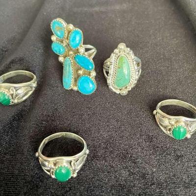 NSJ154 - Five Navajo Sterling Silver Turquoise Rings Sz 7