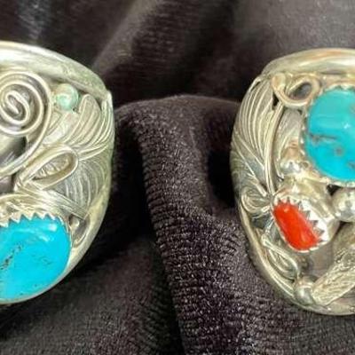 NSJ249 - Two Men’s Navajo Sterling Silver Rings With Turquoise Sz 13.75-14