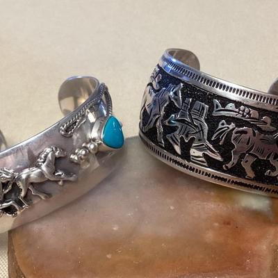 NSJ458 Two Navajo Sterling Silver & Turquoise Horse Cuff Bracelets New