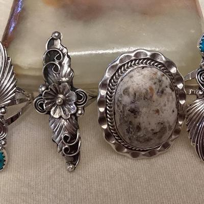 NSJ074 Four Navajo Sterling Silver White Buffalo Turquoise & Turquoise Rings Size 9.5
