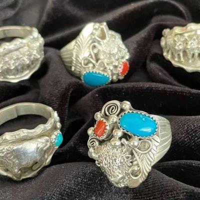 NSJ216 - Five Mens Navajo Sterling Silver Wolf & Bison Rings Sz 12.5-13
