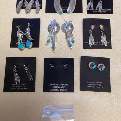 NSJ372 Ten Pairs Of Navajo Sterling Turquoise, Pink Opal & Coral Earrings  New