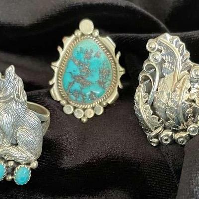 NSJ267 - Three Navajo Sterling Silver Rings Sz 9.5