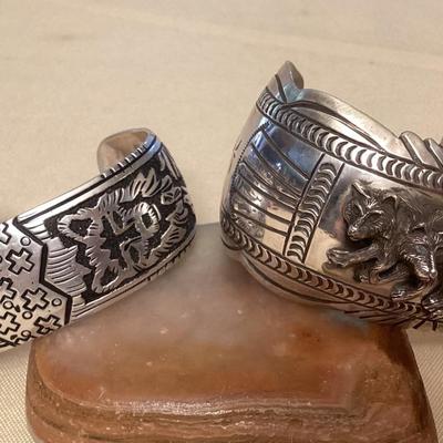 NSJ487 Two Navajo Sterling Silver Wolf Cuff Bracelets New