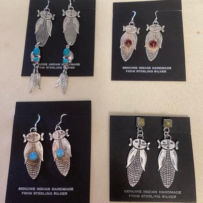NSJ383 Four Pairs Of Navajo Sterling Turquoise, Garnet & Opal Earrings New