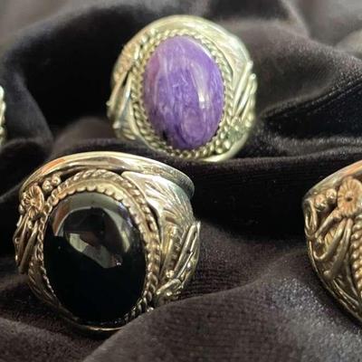 NSJ118 -  Four Big Beautiful Men’s Navajo Sterling Silver Rings Sz 12 
