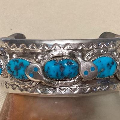 NSJ403 Navajo Sterling Silver Turquoise Snake Cuff Bracelet New