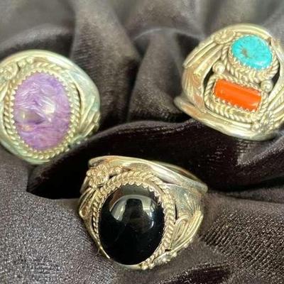 NSJ115 - Three Men’s Navajo Rings! Three Different Stones! Sz 13.5