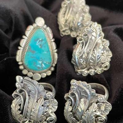NSJ263 - Five Navajo Sterling Silver Rings Sz 8-8.25
