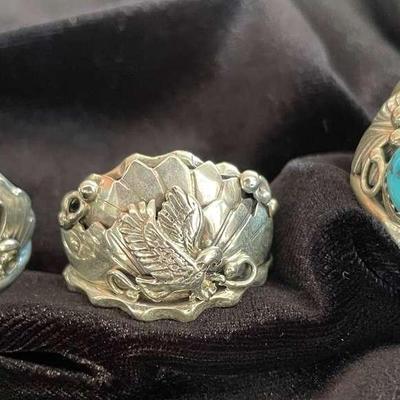 NSJ238 - Three Men’s Navajo Sterling Silver Rings With Turquoise Sz12.75-16