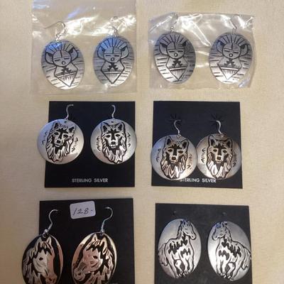 NSJ380 Six Pairs Of Large Navajo Sterling Silver Earrings With Etched Designs New