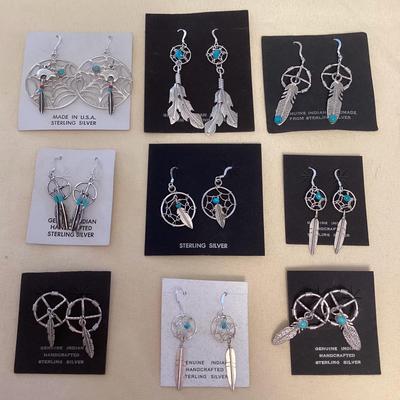 NSJ384 Nine Pairs Of Navajo Sterling Turquoise & Coral Dream Catcher Earrings New