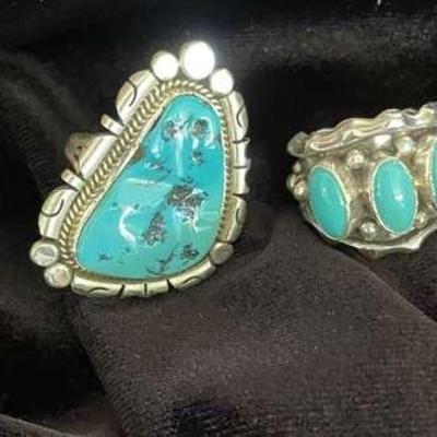 NSJ273  - Four Navajo Sterling Silver Rings With Turquoise Sz 7.5-8