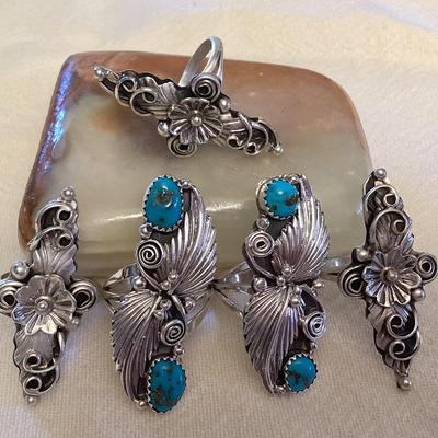 NSJ064 Five Navajo Sterling Silver & Turquoise Rings Size 8.5