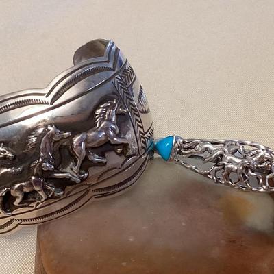 NSJ480 Two Navajo Sterling Silver & Turquoise Running Horse Cuff Bracelets New