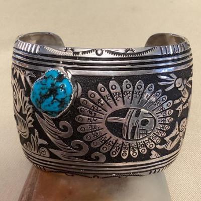 NSJ419 Large Navajo Sterling Silver & Turquoise Eagle & Kachina Cuff Bracelet New