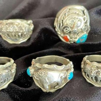 NSJ250 - Five Men’s Navajo Sterling Silver Rings With Turquoise Sz 11-11.5
