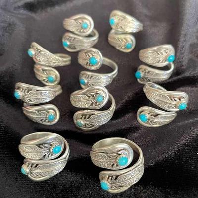 NSJ147 - Ten Navajo Sterling Silver Feather Wrap Ring With Turquoise Sz 6.25-9.5