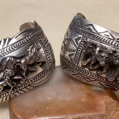 NSJ436 Two Large Navajo Sterling Silver Horse & Wolf Cuff Bracelets New