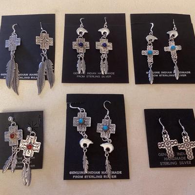 NSJ386 Six Pairs Of Navajo Sterling Turquoise, Lapis Lazuli & Garnet Cross Earrings New