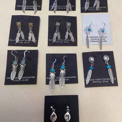 NSJ363 Ten Pairs Of Navajo Sterling Turquoise, Coral & Opal Earrings New
