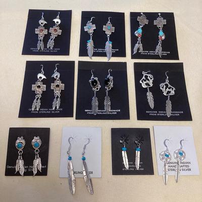 NSJ364 Ten Pairs Of Navajo Turquoise, Onyx, Coral & Garnet Earrings New