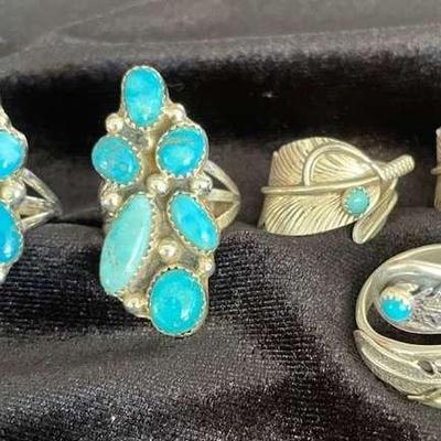 NSJ164 - Five Navajo Sterling Silver Turquoise Rings Sz 8-9.5