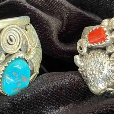 NSJ233 - Two Men’s Navajo Sterling Silver Rings With Turquoise Sz 1