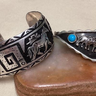 NSJ448 Two Navajo Sterling Silver Turquoise Wolf & Horse Cuff Bracelets New