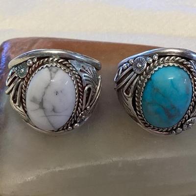 NSJ061 Navajo White Buffalo Turquoise & Turquoise Sterling Silver Rings Size 15.25