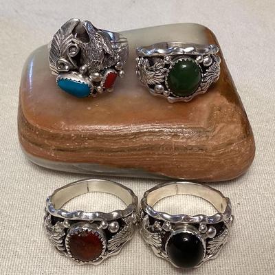 NSJ291 Four Navajo Sterling Turquoise & Coral, Amber, Onyx & Jade Stone Rings Size 13 New
