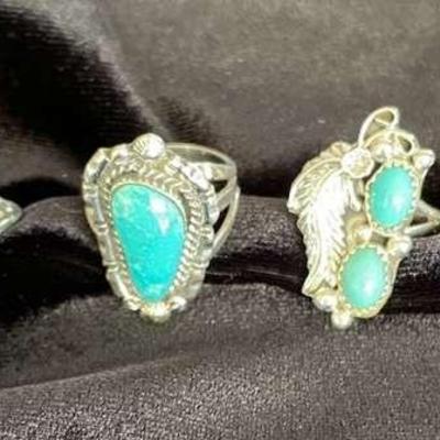 NSJ155 - Four Navajo Sterling Silver Turquoise & Malachite Rings Sz 6.5-7