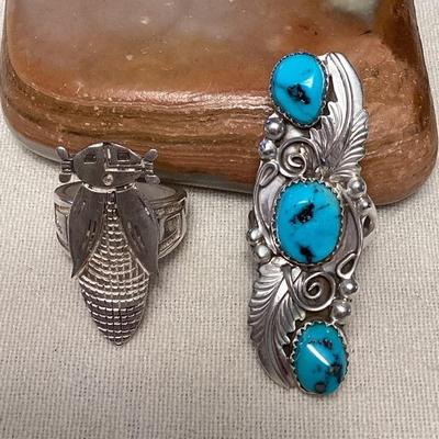 NSJ299 Two Navajo Sterling Silver Turquoise Rings Size 7.5 New