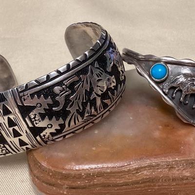 NSJ446 Two Navajo Sterling Silver & Turquoise Horse & Wolf Cuff Bracelets New