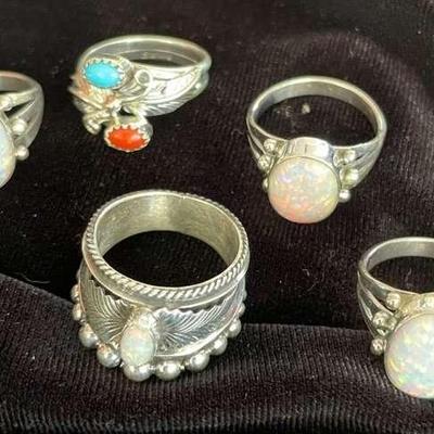 NSJ110 - Five Hand Crafted Sterling Silver Opal & Turquoise Rings Sz 9 