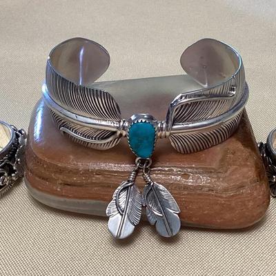 NSJ461 Three Navajo Sterling Silver & Turquoise Feather & Floral Cuff Bracelets New
