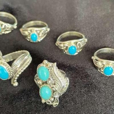 NSJ152 - Six Navajo Sterling Silver Turquoise Rings Sz 5-6 