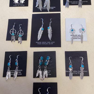 NSJ360 Ten Pairs Of Navajo Sterling & Turquoise Earrings New