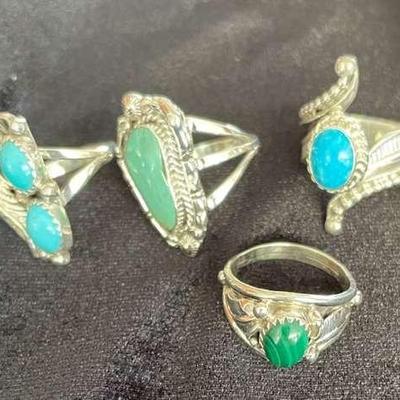 NSJ156 - Four Navajo Sterling Silver Rings With Turquoise & Malachite Stones Sz 6.5-7