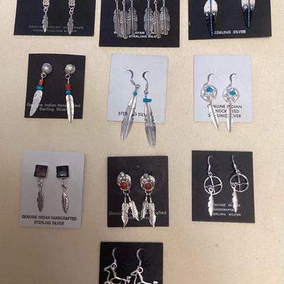 NSJ381 Ten Pairs Of Navajo Sterling Turquoise, Coral, Bone & Purple Spiny Oyster Earrings New