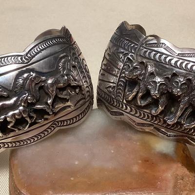 NSJ439 Two Large Navajo Sterling Silver Horse & Wolf Cuff Bracelets New