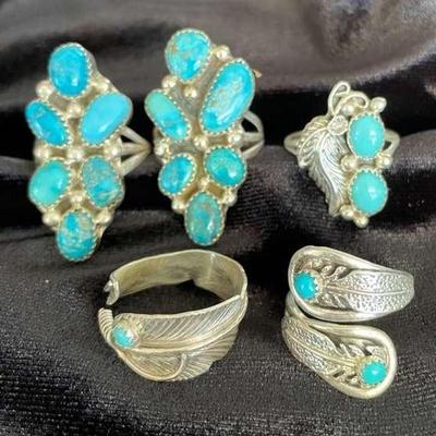 NSJ163 - Five Navajo Sterling Silver Turquoise Rings Sz 7-9.75