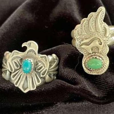 NSJ230 - Four Navajo Sterling Silver Rings With Turquoise Sz 8.5-9