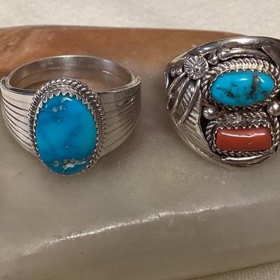 NSJ095 Two Navajo Sterling Silver Turquoise & Coral Rings Size 12.5