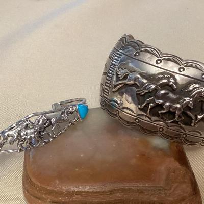 NSJ472 Two Navajo Sterling Silver & Turquoise Horse Cuff Bracelets New